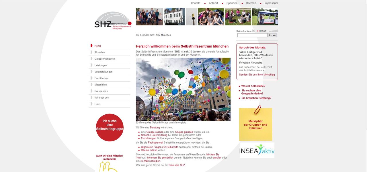 Screenshot der Webseite des Selbsthilfezentrum (SHZ) München